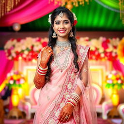 A tall Indian girl dressed in a beautiful, traditional bridal outfit, showcasing stunning jewelry and intricate henna designs on her hands