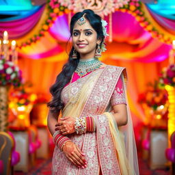 A tall Indian girl dressed in a beautiful, traditional bridal outfit, showcasing stunning jewelry and intricate henna designs on her hands