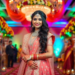 A tall Indian girl dressed in a beautiful, traditional bridal outfit, showcasing stunning jewelry and intricate henna designs on her hands