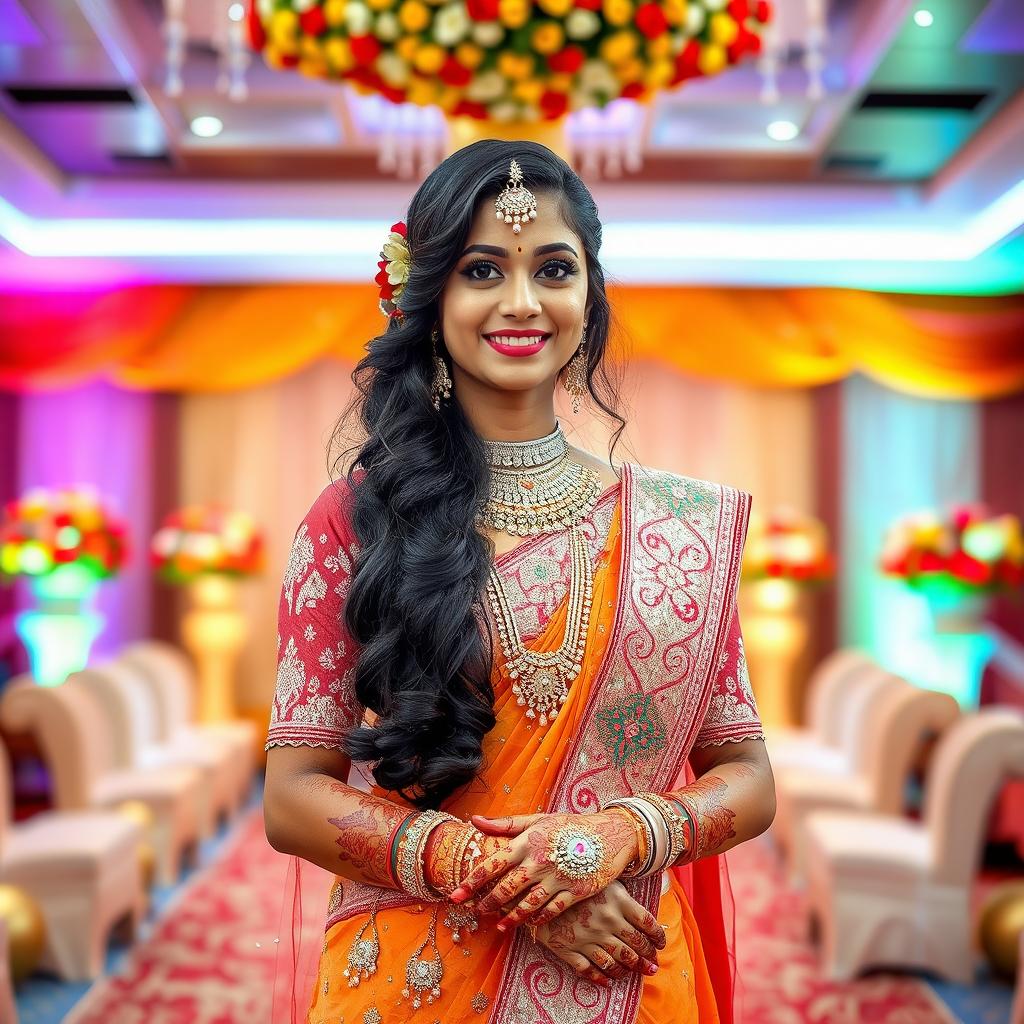 A tall Indian girl dressed in a beautiful, traditional bridal outfit, showcasing stunning jewelry and intricate henna designs on her hands