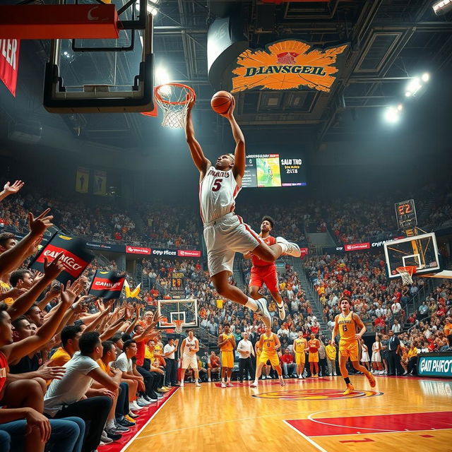 A thrilling basketball game in a packed stadium, showcasing players in dynamic action