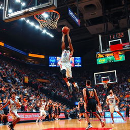 A thrilling basketball game in a packed stadium, showcasing players in dynamic action