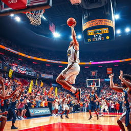 A thrilling basketball game in a packed stadium, showcasing players in dynamic action