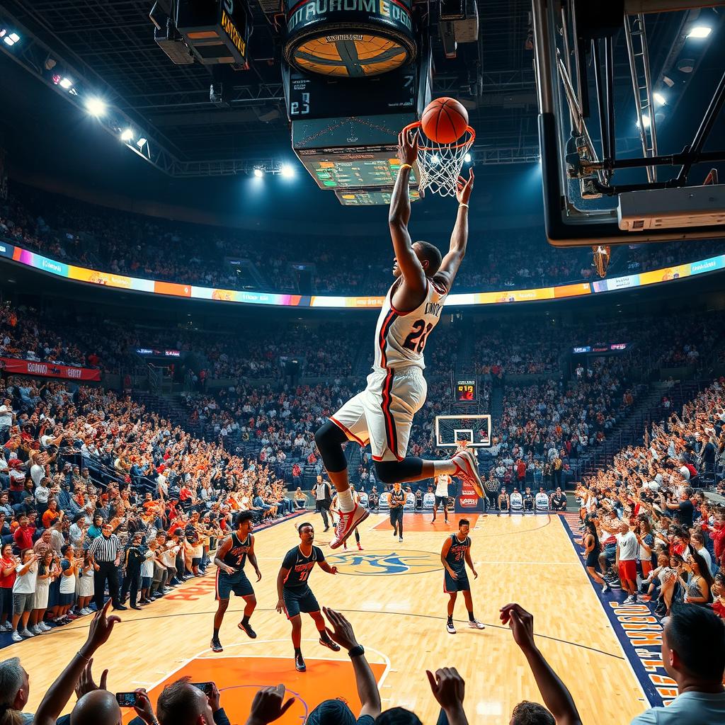 A thrilling basketball game in a packed stadium, showcasing players in dynamic action