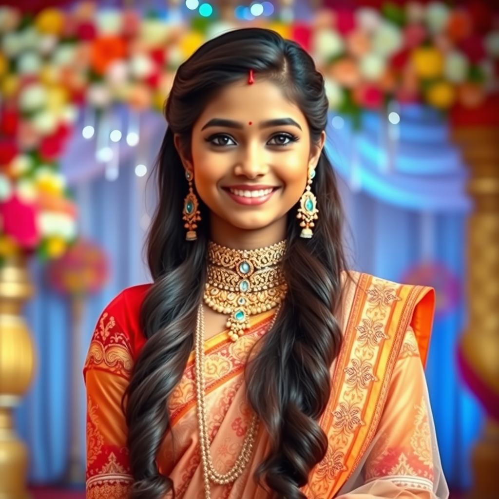 A stunning tall Indian girl in a traditional marriage outfit, showcasing her beautiful features and vibrant colors of her attire