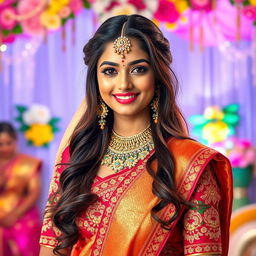 A stunning tall Indian girl in a traditional marriage outfit, showcasing her beautiful features and vibrant colors of her attire