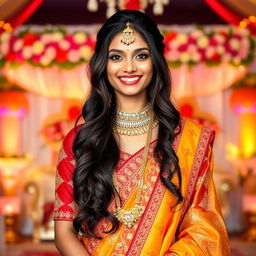 A stunning tall Indian girl in a traditional marriage outfit, showcasing her beautiful features and vibrant colors of her attire