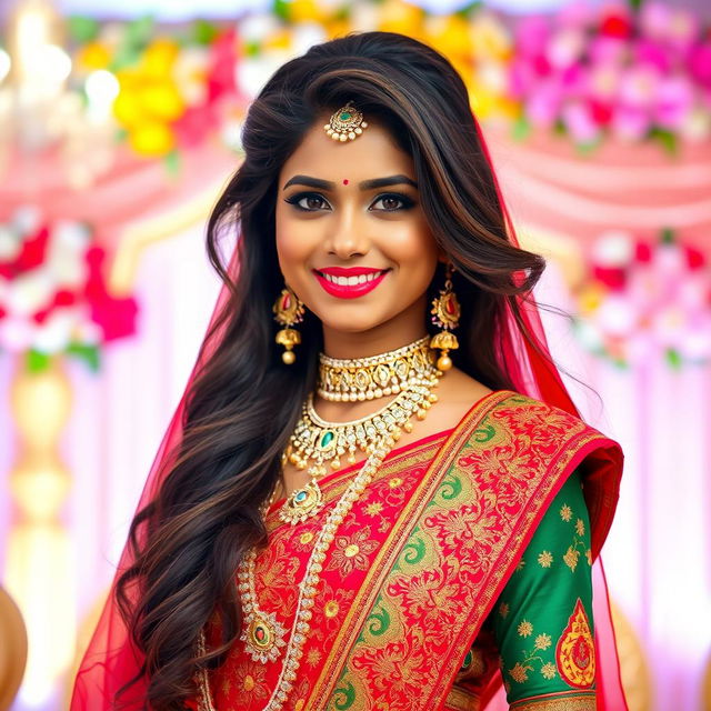 A stunning tall Indian girl in a traditional marriage outfit, showcasing her beautiful features and vibrant colors of her attire