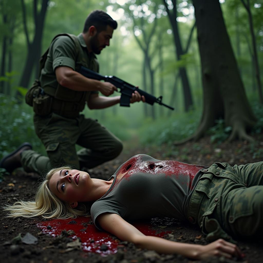 A blond female soldier in camouflage pants and a t-shirt is lying on the ground in a dense forest, showing multiple wound holes in her chest with blood pouring out, creating a pool of blood around her