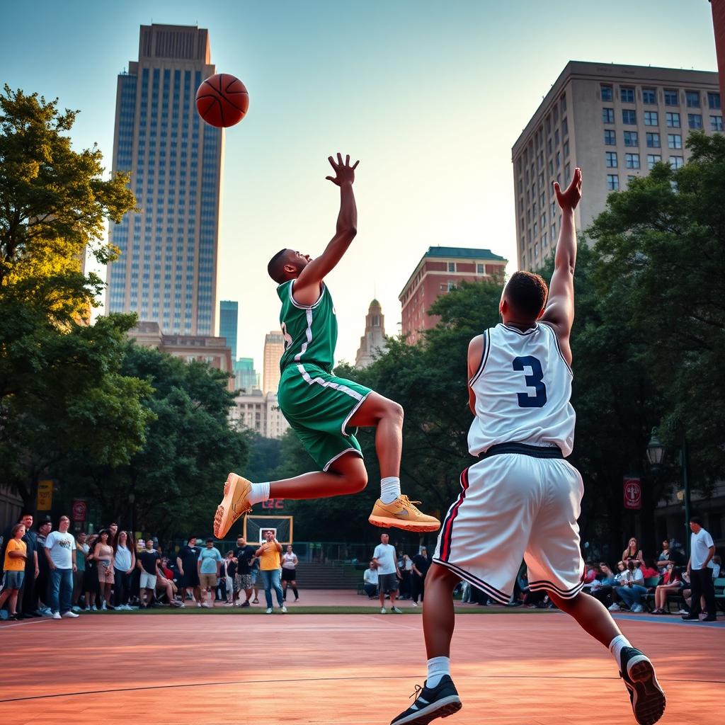 A dynamic basketball scene in Boston, featuring a vibrant street basketball game in a public park