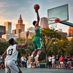 A dynamic basketball scene in Boston, featuring a vibrant street basketball game in a public park