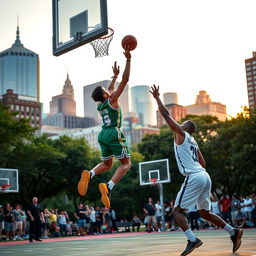 A dynamic basketball scene in Boston, featuring a vibrant street basketball game in a public park