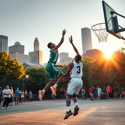 A dynamic basketball scene in Boston, featuring a vibrant street basketball game in a public park