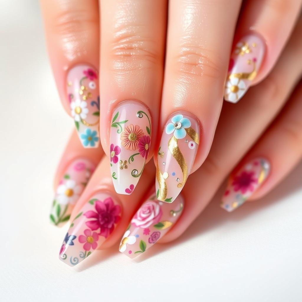 A stunning nail art design featuring intricate floral patterns in vibrant colors, with a glossy finish