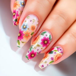 A stunning nail art design featuring intricate floral patterns in vibrant colors, with a glossy finish