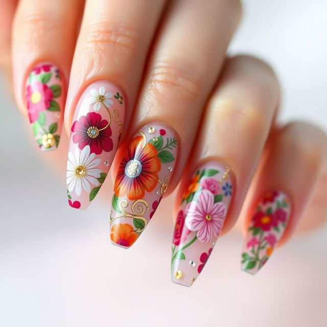 A stunning nail art design featuring intricate floral patterns in vibrant colors, with a glossy finish