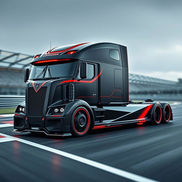 A stunning high-definition image of a custom semi-truck designed with state-of-the-art Koenigsegg racing rims and wheels