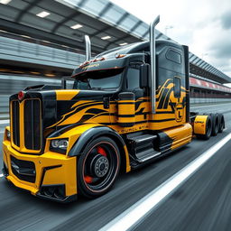 A stunning high-definition image of a custom semi-truck featuring sleek Camaro racing rims and wheels