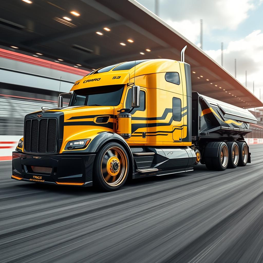 A stunning high-definition image of a custom semi-truck featuring sleek Camaro racing rims and wheels