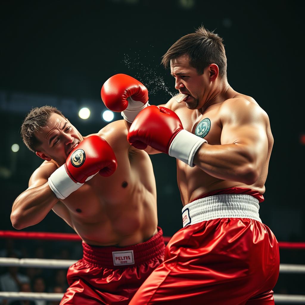 A powerful scene of a boxer in a striking red suit delivering a heavy uppercut to his opponent in a boxing ring