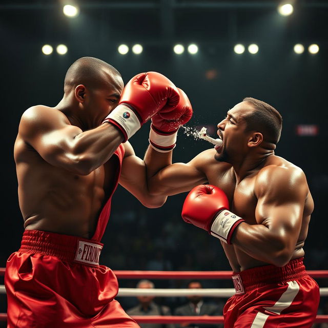 A powerful scene of a boxer in a striking red suit delivering a heavy uppercut to his opponent in a boxing ring