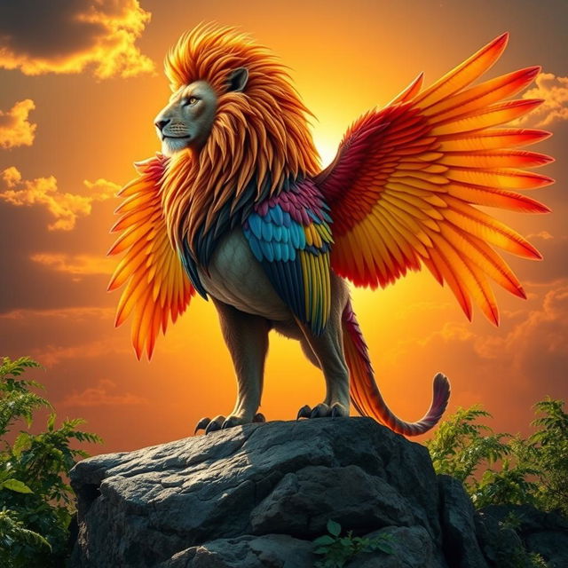 A majestic hybrid creature combining features of a lion and a bird