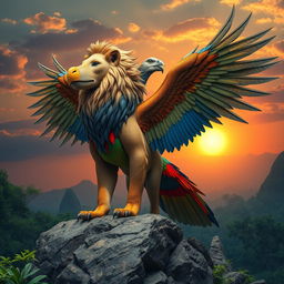 A majestic hybrid creature combining features of a lion and a bird