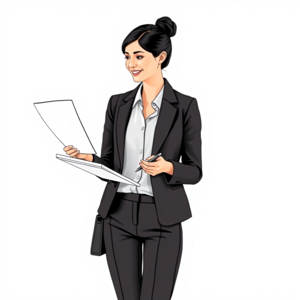 A female figure dressed in smart-casual attire, featuring a blazer over a simple blouse paired with tailored pants, presenting a polished yet approachable look