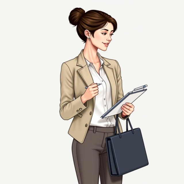 A female figure dressed in smart-casual attire, featuring a blazer over a simple blouse paired with tailored pants, presenting a polished yet approachable look