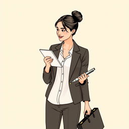 A female figure dressed in smart-casual attire, featuring a blazer over a simple blouse paired with tailored pants, presenting a polished yet approachable look