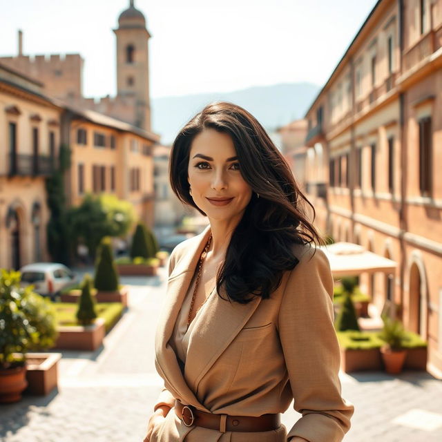 A 40-year-old woman with dark hair and distinct Italian features, fully dressed in stylish attire that epitomizes elegance and refinement