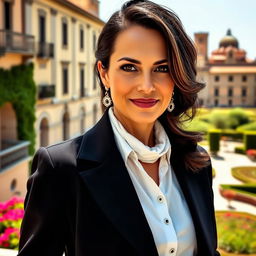 A 40-year-old woman with dark hair and distinct Italian features, fully dressed in stylish attire that epitomizes elegance and refinement