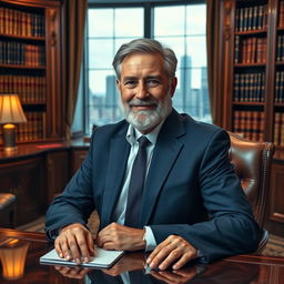 A distinguished older man with gray hair and a well-groomed beard, wearing a tailored navy suit and a crisp white shirt, sitting at a luxurious wooden desk in a sophisticated office