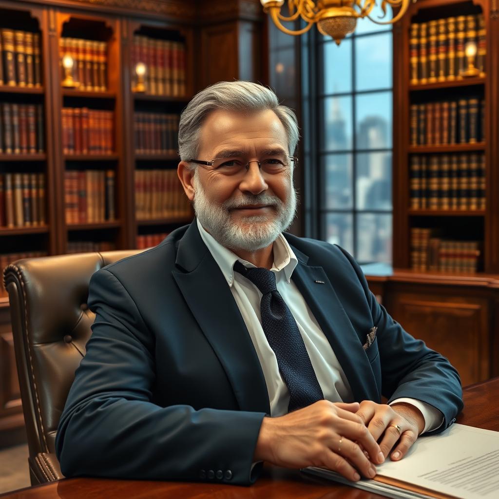 A distinguished older man with gray hair and a well-groomed beard, wearing a tailored navy suit and a crisp white shirt, sitting at a luxurious wooden desk in a sophisticated office