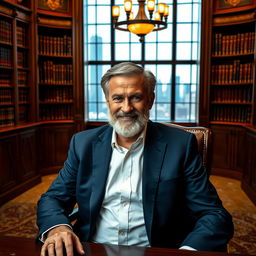 A distinguished older man with gray hair and a well-groomed beard, wearing a tailored navy suit and a crisp white shirt, sitting at a luxurious wooden desk in a sophisticated office