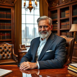 A distinguished older man with gray hair and a well-groomed beard, wearing a tailored navy suit and a crisp white shirt, sitting at a luxurious wooden desk in a sophisticated office
