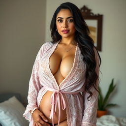 A beautiful 25-year-old Mexican woman dressed provocatively in a semi-transparent lace robe, showcasing her voluptuous figure and large breasts