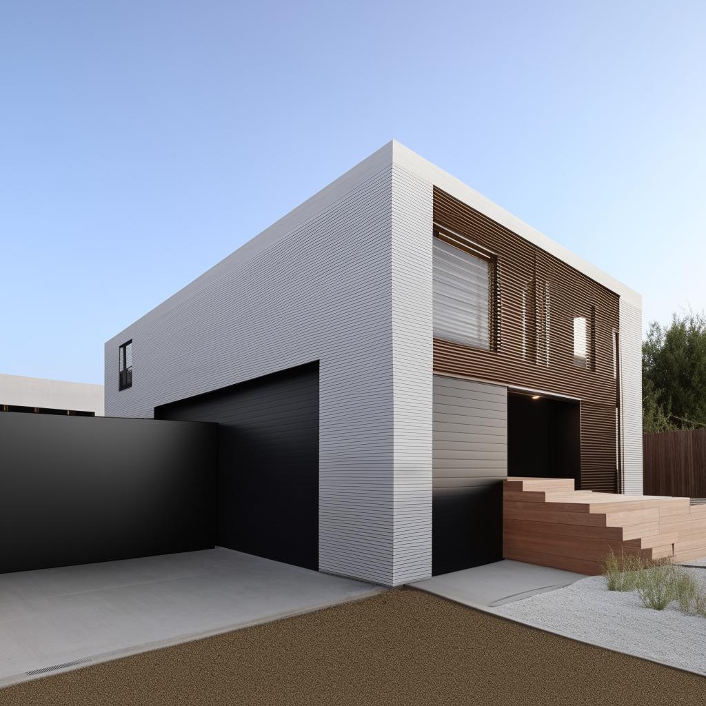 Generate an image of an aesthetically pleasing, modern three-story building measuring 60ft x 30ft. The building features a garage on the right side complete with an interior staircase.