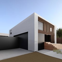 Generate an image of an aesthetically pleasing, modern three-story building measuring 60ft x 30ft. The building features a garage on the right side complete with an interior staircase.