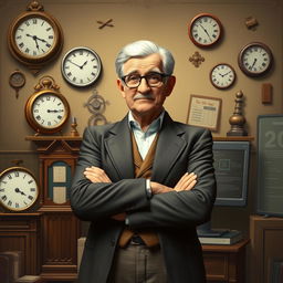 A personification of the present perfect tense, depicted as a wise, middle-aged individual with a thoughtful expression, wearing a sophisticated outfit that blends vintage and modern styles