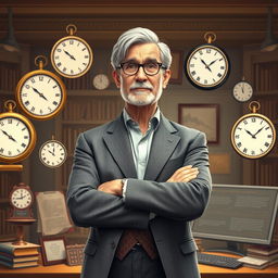 A personification of the present perfect tense, depicted as a wise, middle-aged individual with a thoughtful expression, wearing a sophisticated outfit that blends vintage and modern styles