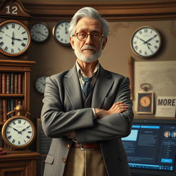 A personification of the present perfect tense, depicted as a wise, middle-aged individual with a thoughtful expression, wearing a sophisticated outfit that blends vintage and modern styles