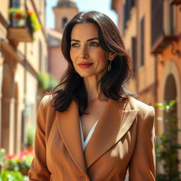 A 40-year-old woman with dark hair and elegant Italian features, completely dressed in stylish attire that reflects her taste and sophistication