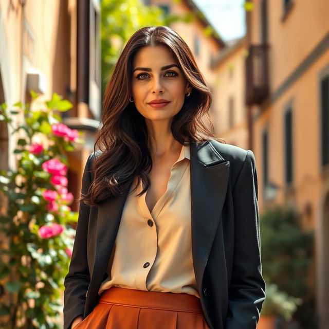 A 40-year-old woman with dark hair and elegant Italian features, completely dressed in stylish attire that reflects her taste and sophistication