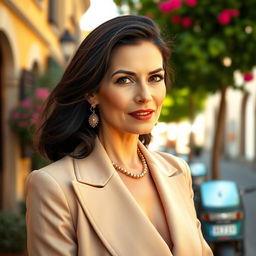 A 40-year-old woman with dark hair and elegant Italian features, completely dressed in stylish attire that reflects her taste and sophistication