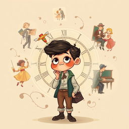 A whimsical personification of the past continuous tense as a character, depicted as a time traveler with a swirling clock motif around them, wearing retro clothing from different eras to represent the continuity of time