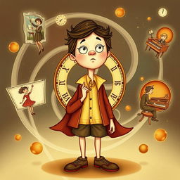 A whimsical personification of the past continuous tense as a character, depicted as a time traveler with a swirling clock motif around them, wearing retro clothing from different eras to represent the continuity of time