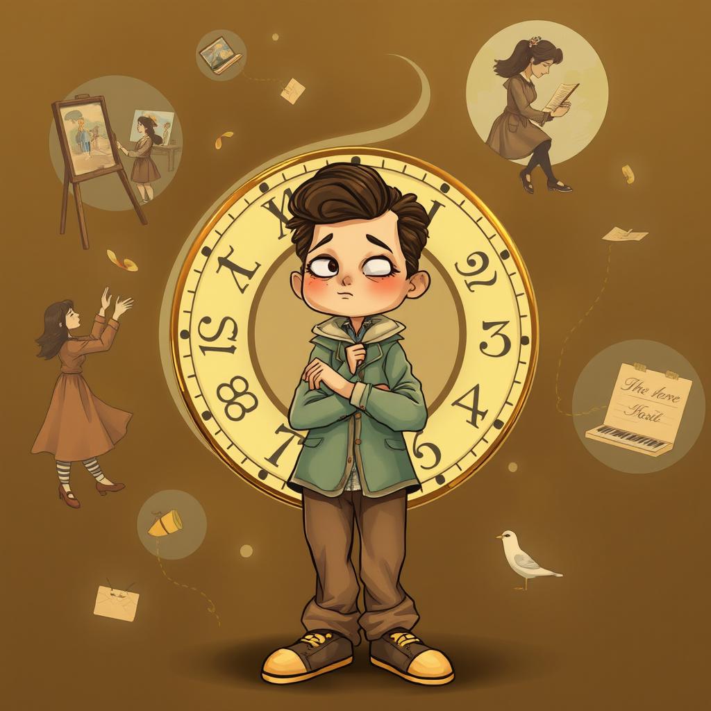 A whimsical personification of the past continuous tense as a character, depicted as a time traveler with a swirling clock motif around them, wearing retro clothing from different eras to represent the continuity of time