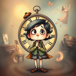 A whimsical personification of the past continuous tense as a character, depicted as a time traveler with a swirling clock motif around them, wearing retro clothing from different eras to represent the continuity of time