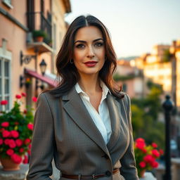 A 40-year-old woman with dark hair and captivating Italian features, elegantly dressed in a fashionable outfit that highlights her refined style